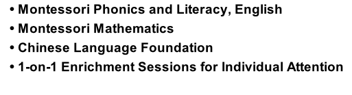 Montessori Phonics and Literacy, English Montessori Mathematics  Chinese Language Foundation 1-on-1 Enrichment Sessions for Individual Attention